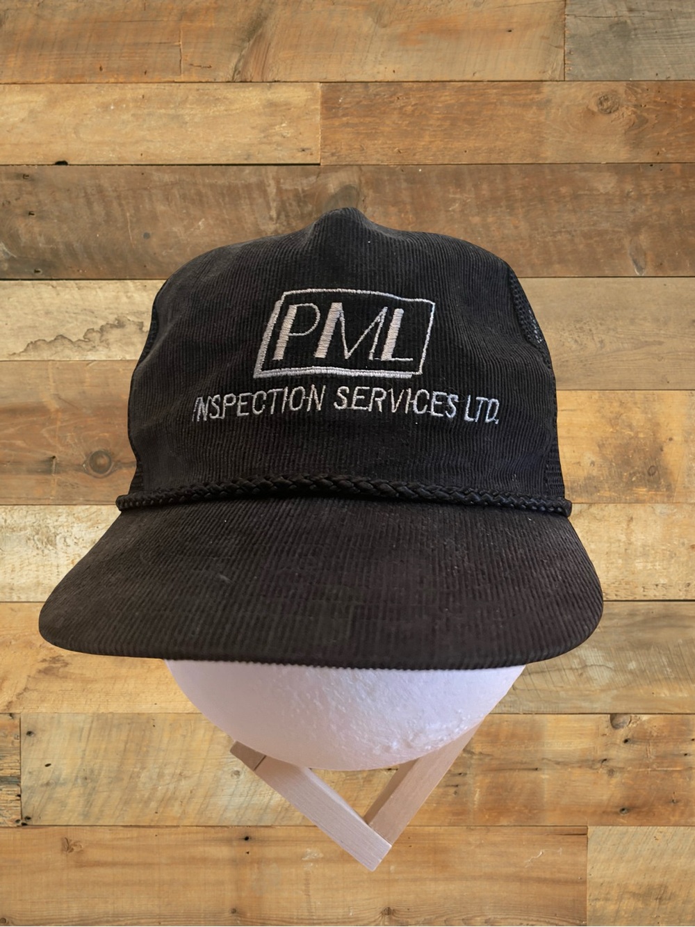 Black Vintage PML Inspection Services Black Corduroy Trucker Hat